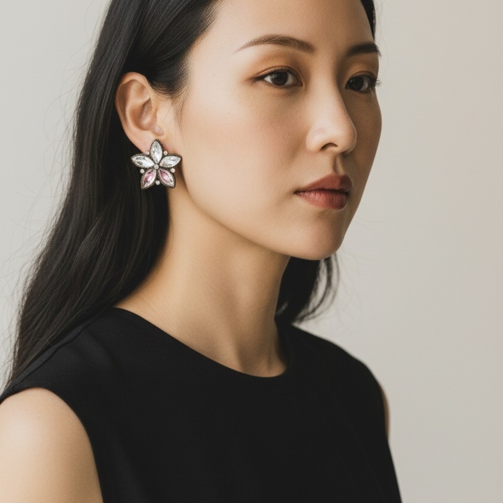 Vintage Crystal Flower Statement Earrings | Victorian Floral Studs Jewelry
